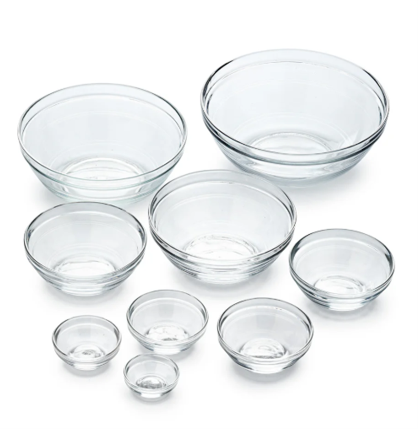 Glass Bowls with Stackable Rims- Set of 9